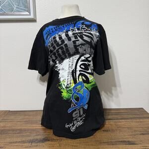 Black Graphic Print T-Shirt with Blue and Green Accents